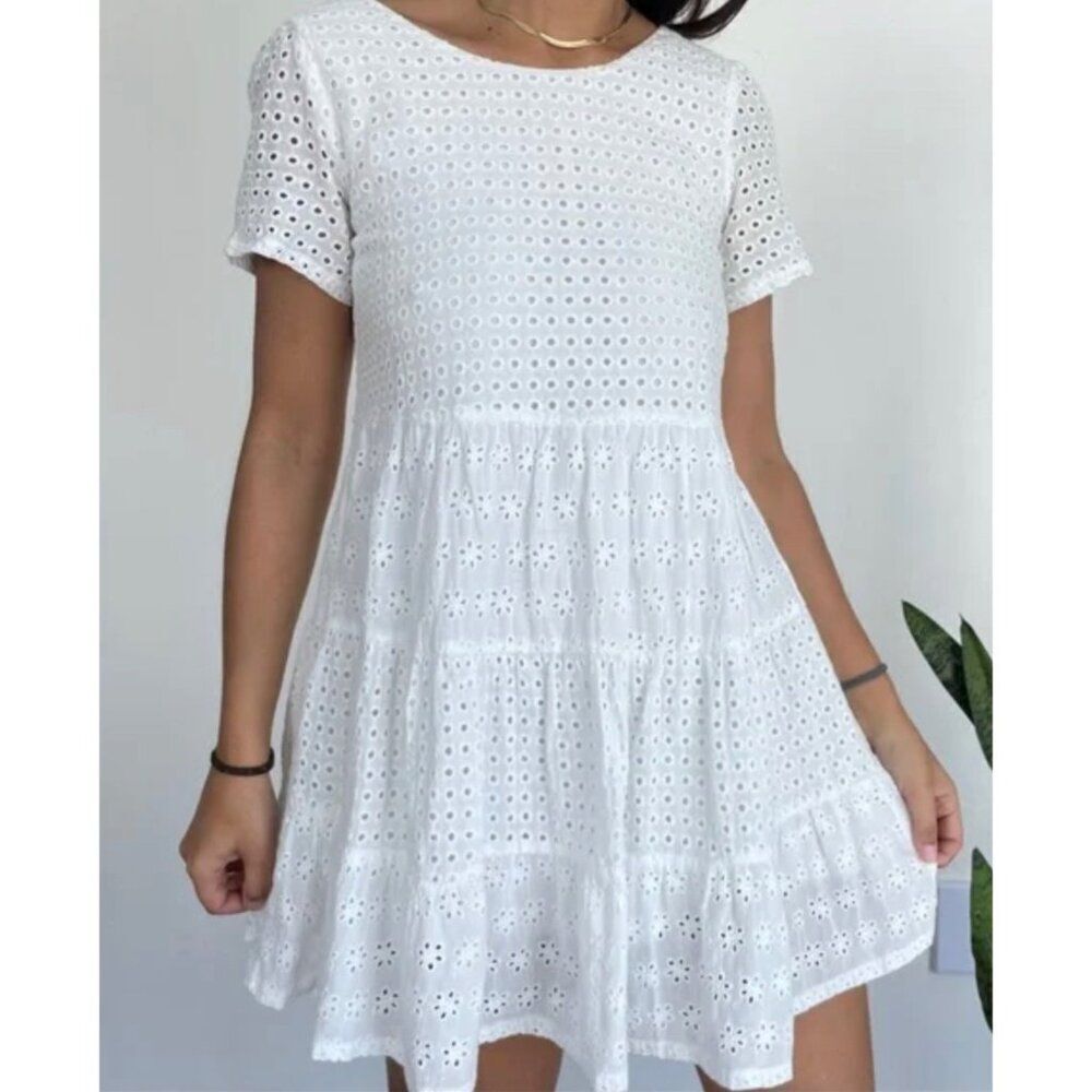 Johnny Becca Women White Embroidered Eyelet Short Sleeve Cootton Dress Size S
